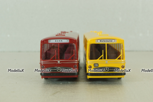 Mercedes O 317K bus, yellow"Jagermeister" + Mercedes O 317K bus, dark red, 006764, Brekina 1:87