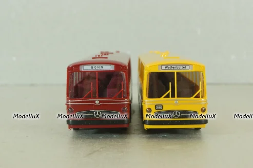 Mercedes O 317K bus, yellow"Jagermeister" + Mercedes O 317K bus, dark red, 006764, Brekina 1:87