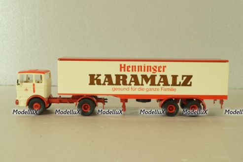 Mercedes LP 1632 with semi trailer Karamalz, yellow/red, 7832, Brekina 1:87