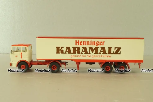 Mercedes LP 1632 with semi trailer Karamalz, yellow/red, 7832, Brekina 1:87