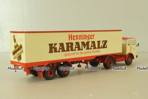 Mercedes LP 1632 with semi trailer Karamalz, yellow/red, 7832, Brekina 1:87