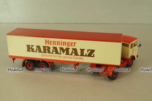 Mercedes LP 1632 with semi trailer Karamalz, yellow/red, 7832, Brekina 1:87