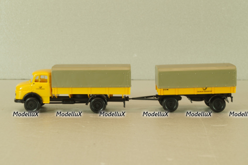 Mercedes LP911 with trailer Deutsche Bundespost, yellow, Brekina 1:87