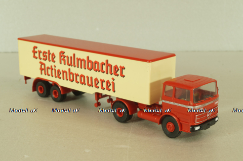 Mercedes LP 1632 with semi trailer Kulmbacher, red/beige, 7832, Brekina 1:87 Уценка!