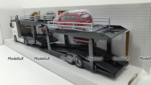 Mercedes Actros 2545 white Car transport with Ford Focus Turnier, Burago 1:43